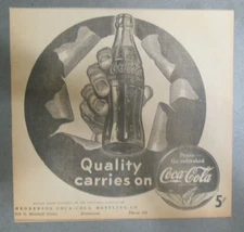 Coca-Cola ad: Fantastic  Artwork! from 1940's 7 x 7 inches Quality Carries On !