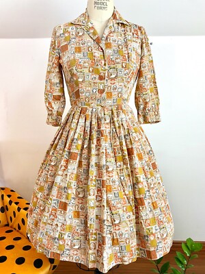 50s a line dress Vintage 50's Post Stamp Print Pleated A-Line Maxi Printed Chiffon ERP Collection_S25 Kids SIZE:2X This is a measurement
