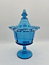 Vintage Imperial Mid Century Glass Blue Compote Candy Covered Dish Retro