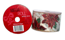 NEW Christmas Ribbon Poinsettia Wire Edge 2.5 inch W 30 Ft Gold Edge