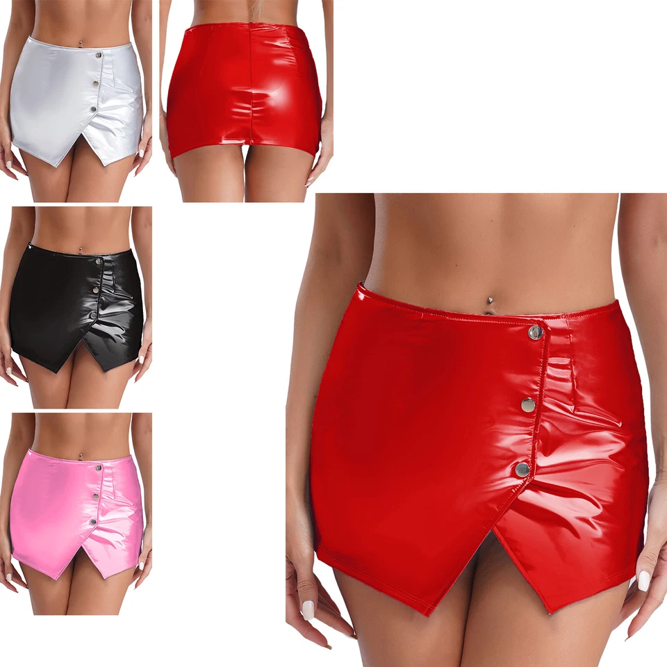 UK Women's Sexy Shiny Metallic Split Mini Skirt Low Waist Buttons Skirt Clubwear - Image 3 of 4