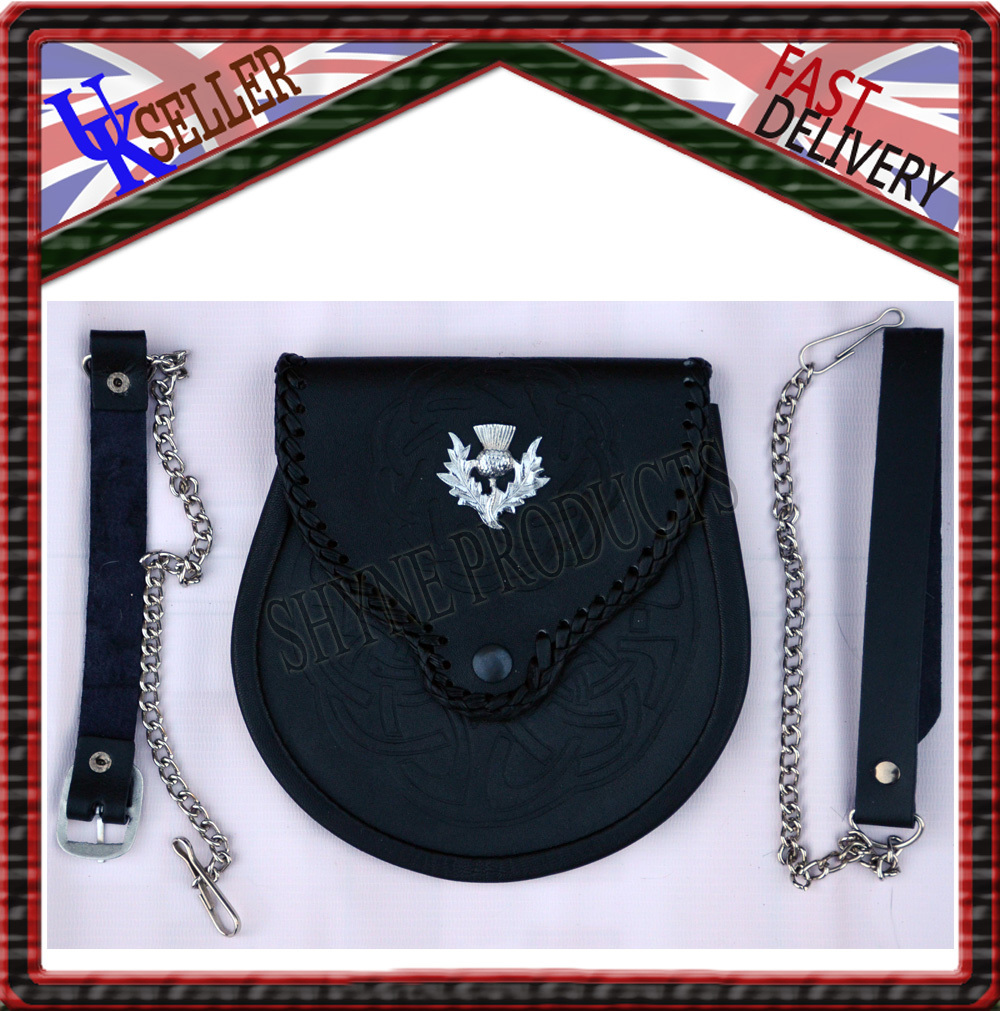 Sporran Scozzese In Vera Pelle Di Mucca Nera Con Cintura - Unisex