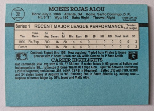 MOISES ALOU, 1991 DONRUSS RATED ROOKIE #38, EXPOS - Picture 2 of 2