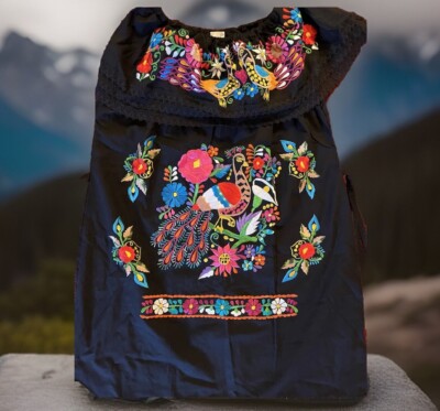 Mexican Boho Embroidered Dress Color Black New Cotton Extra