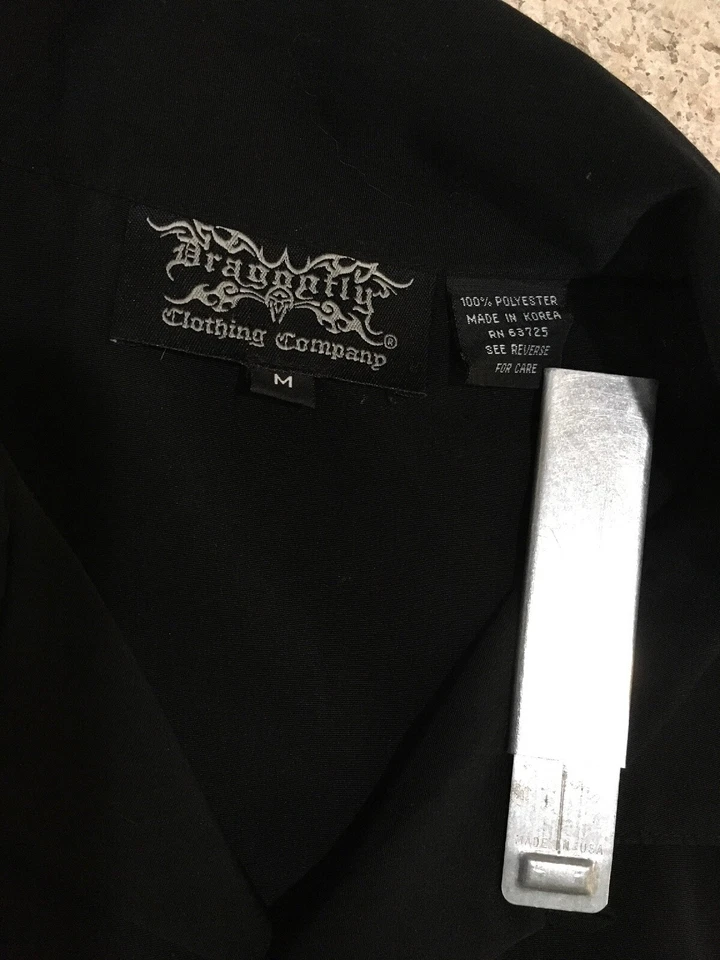 VINTAGE BOWLING SHIRT Dragonfly Mens Guy Fieri Rare Button Down Black M Flames - Image 2 of 4