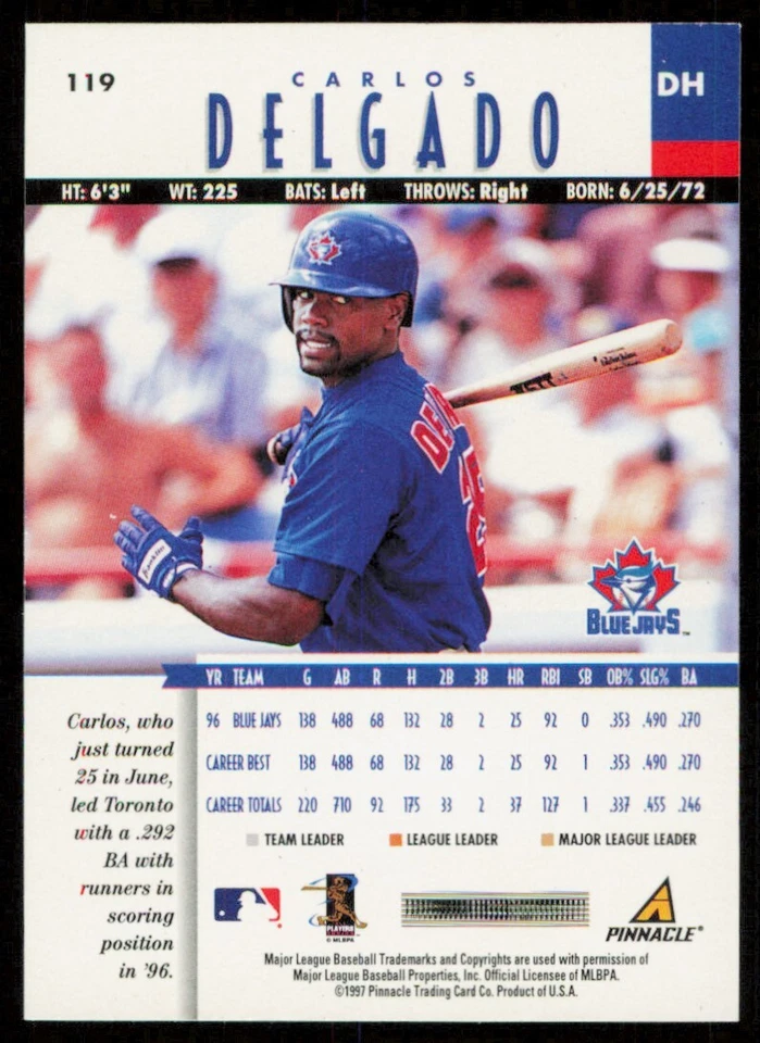 1997 New Pinnacle Carlos Delgado Toronto Blue Jays #119 - Image 2 of 2