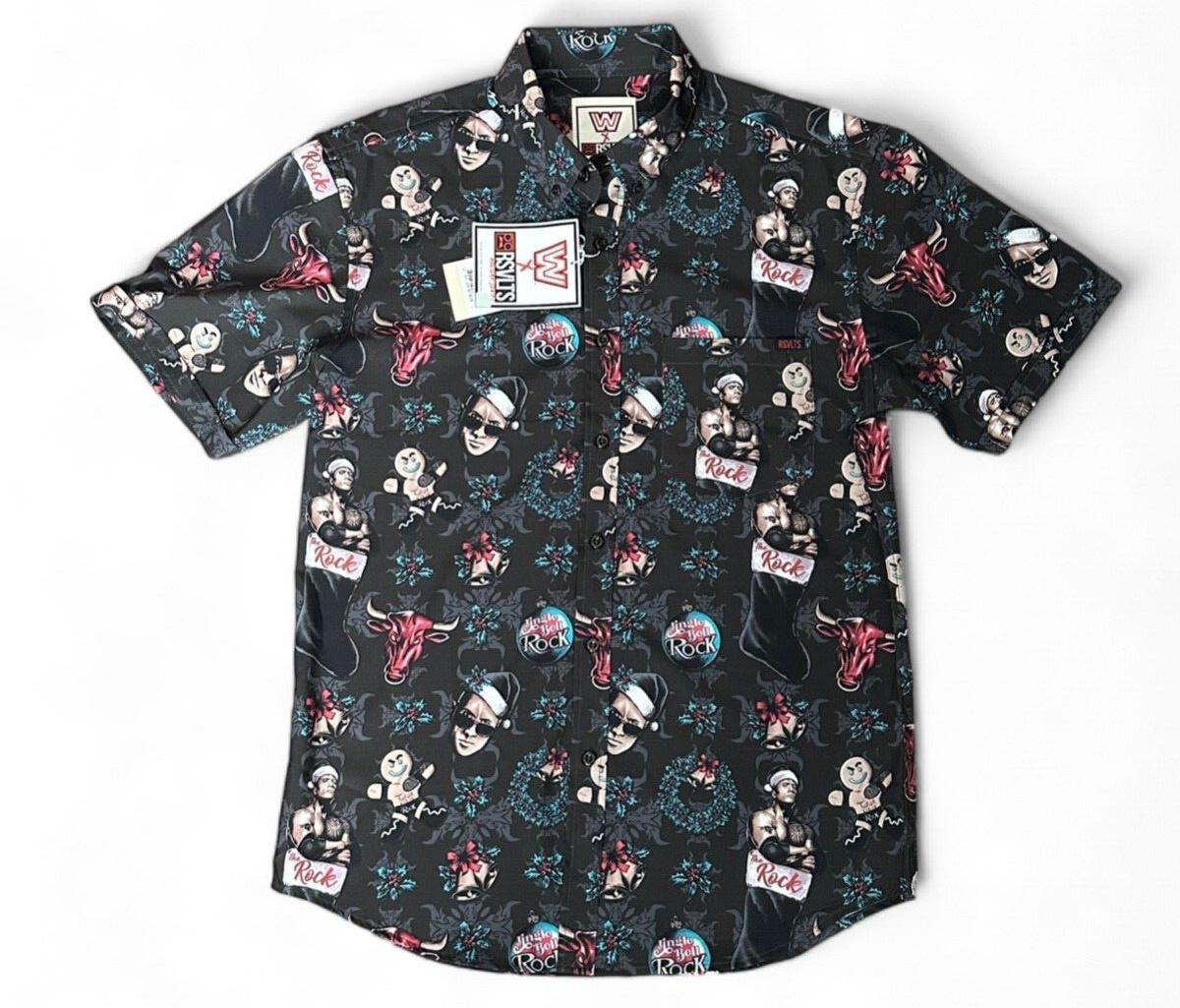 NWT RSVLTS WWE The Rock Short Sleeve KUNUFLEX Shirt Christmas