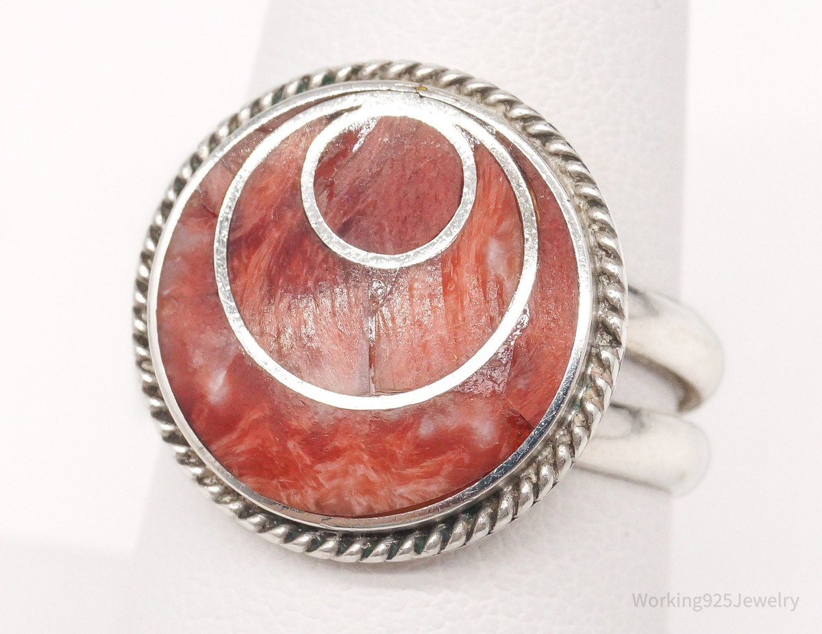 Vintage Southwestern Spiny Oyster Inlay 950 Silver Ring - Size 8 