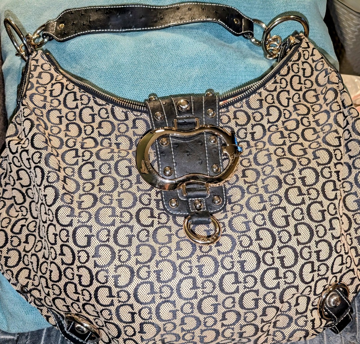 VTG Guess Purse Brown/Tan Logo Y2K Leather Canvas Shoulder HOBO Bag **PLZ  READ