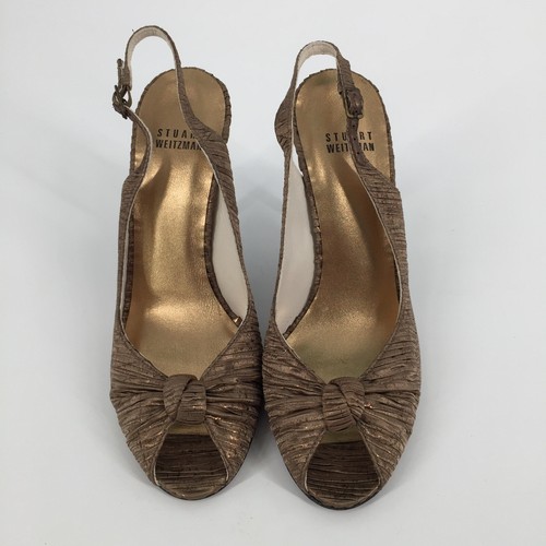 Stuart Weitzman Slingback Peep Toe Pumps High Heels 7 M Gold Metallic Ruched - Picture 2 of 9