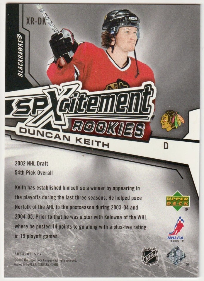 2005-06 SPx Spxcitement Rookies XR-DK Duncan Keith Chicago Blackhawks 924/999 - Image 2 of 2