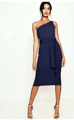 boohoo one shoulder midi dress UK 6-8 womens ladies navy belted evening party