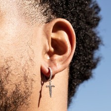 Men's Hanging Dangle 925 Sterling Silver Iced Dagger Cross Huggie Hoop Earrings