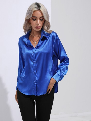 Elegant Women Satin Shirt Solid Color Long Sleeve Blouse Casual Button Down Tops - Picture 25 of 117
