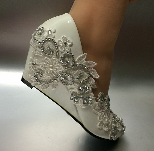 Su.cheny Flat/4cm/8cm Heels White Lace Pearls Flower Wedding Bridal Shoes 5-13