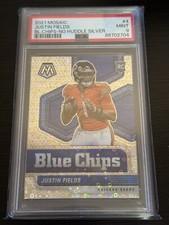2021 PANINI MOSAIC BLUE CHIPS NO HUDDLE SILVER #4 JUSTIN FIELDS ROOKIE RC PSA 9
