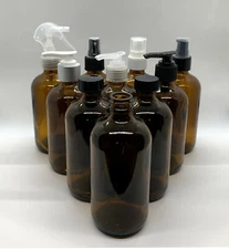 8 oz Amber Boston Round Glass Bottles w Caps, Sprayer, Lotion / Treatment Pumps