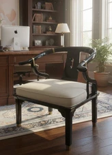 Vintage Asian Style Accent Chair Brass Accents Horseshoe Back Black Lacquer