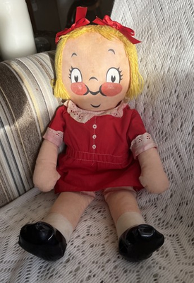 #ad Vintage 1970s Campbell’s Soup Kids Girl Cloth Rag Doll 16” Red Dress $8.50