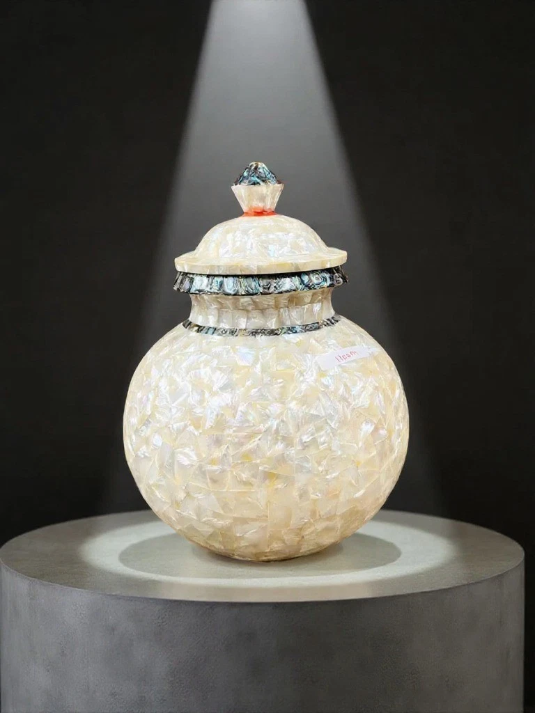 12'' white Marble Flower pot Vase matka with lid inlay mop shell art&collectible
