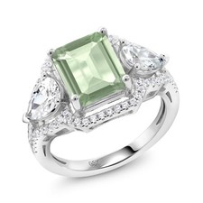 925 Sterling Silver Green Prasiolite Ring For Women 3.69 Cttw, Emerald Cut
