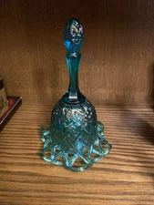 Vintage Fenton Open Lattice Base Carnival Iridescent Teal Blue Bell