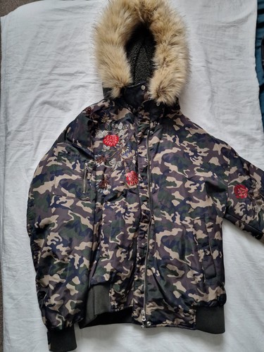 Green camo bomber jacket with fur hood and fleece lining fluffy Zara size Small - Picture 2 of 9