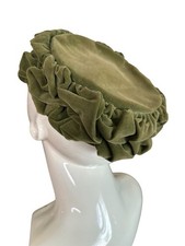 Vintage Jacobson's Olive Green Velvet Ruffled Cloche/Pillbox Hat