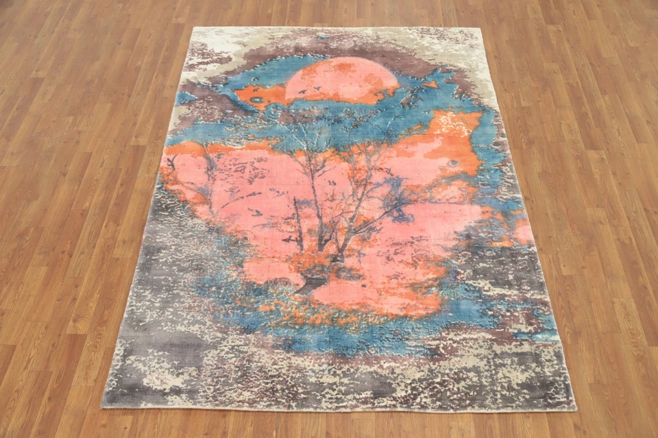 Alfombra inspirada en la naturaleza 5x7 hecha a mano infundida con diseño artístico de puesta de sol Foto 2 de 4