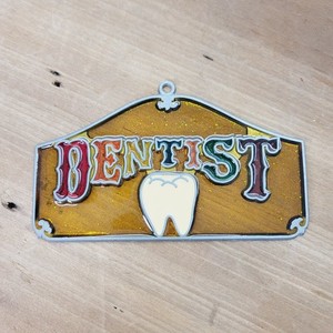 Vintage Dentist Sign Suncatcher Amber Glitter Stained Glass Pewter 1960s/70s