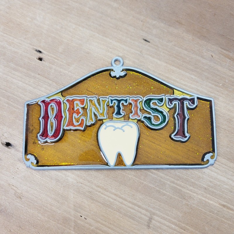 Vintage Dentist Sign Suncatcher Amber Glitter Stained Glass Pewter 1960s/70s