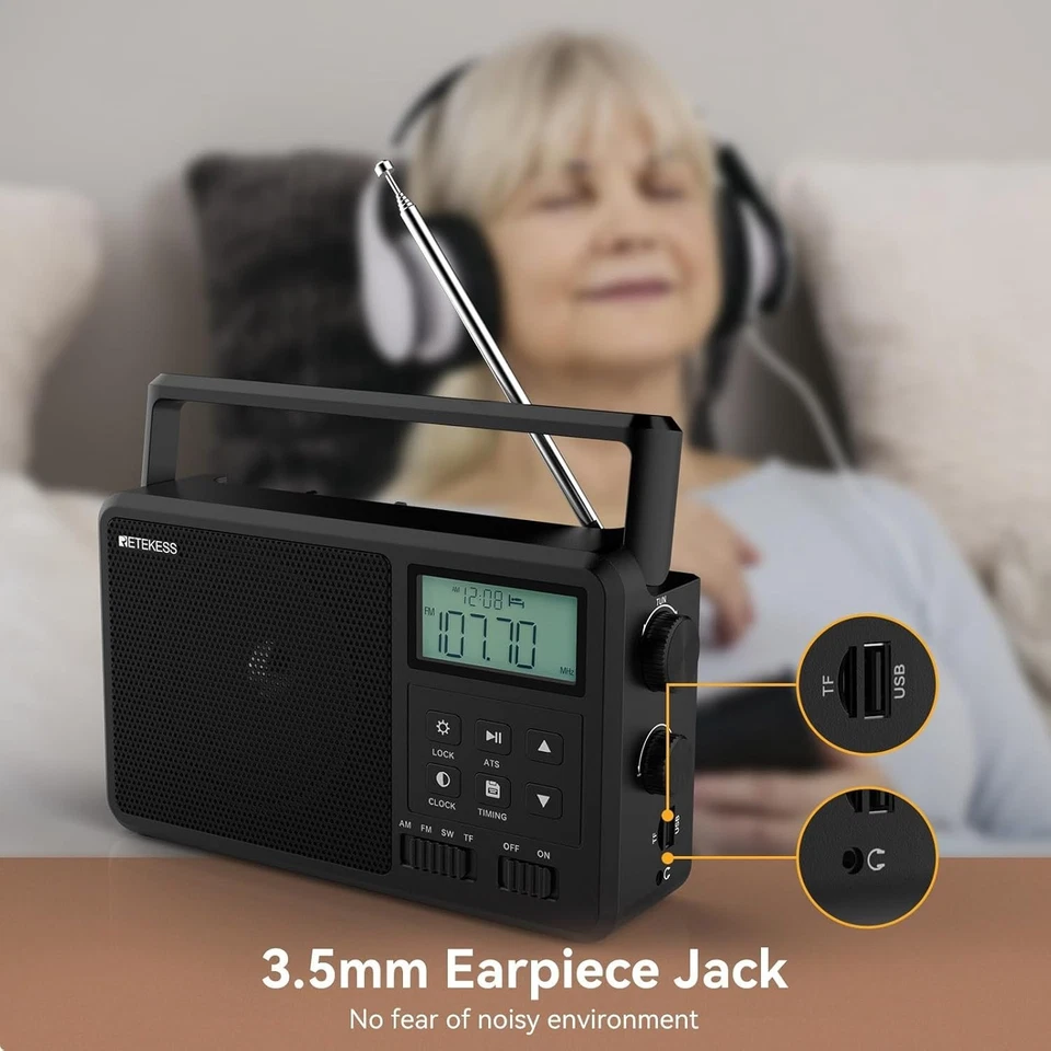 Retekess TR638 AM FM Shortwave Radio, Portable Clock Radio, USB/TF, Antenna Jack - Image 3 of 4