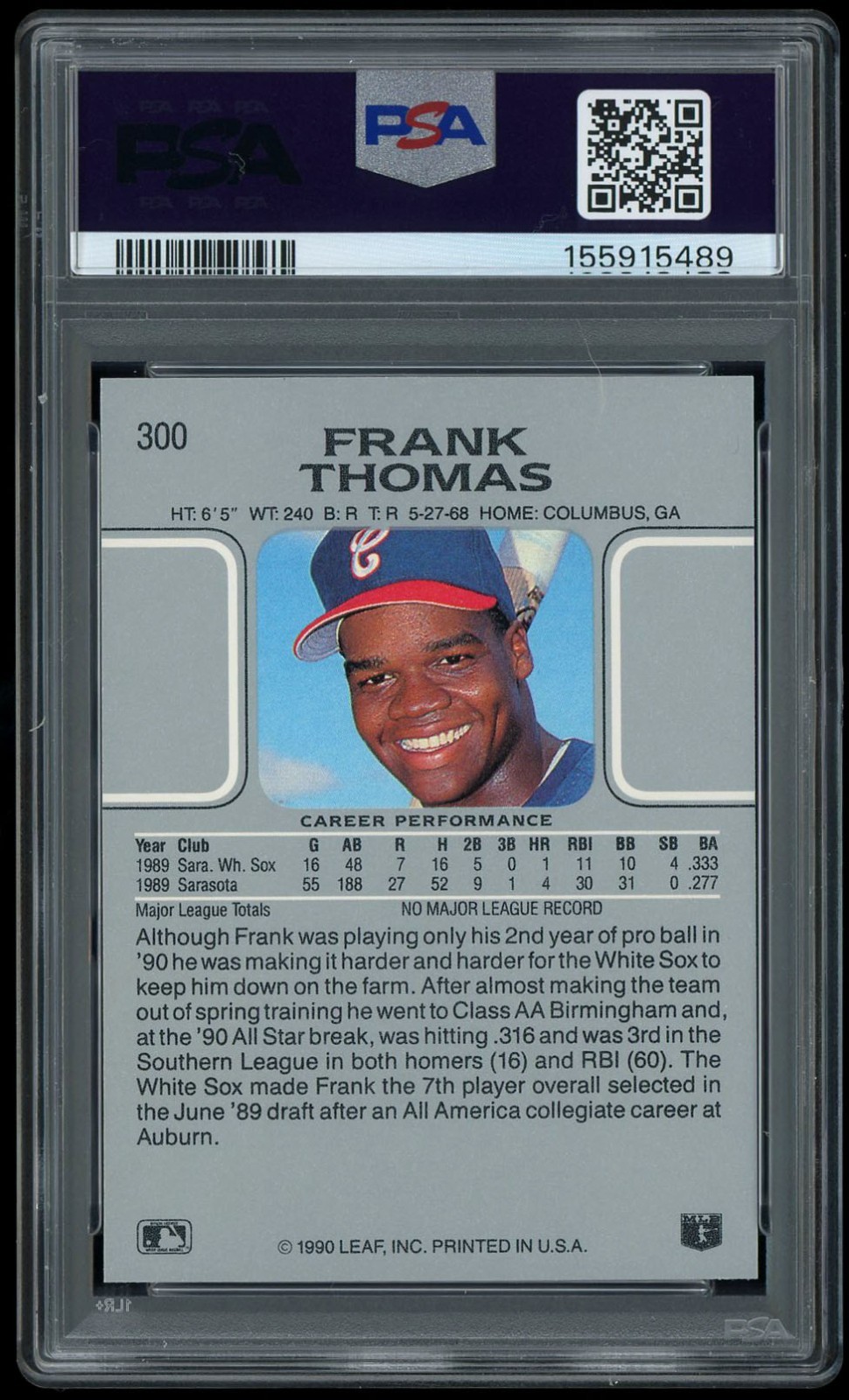 Frank Thomas 1990 Leaf Rookie RC 300 PSA 9 MINT view 2