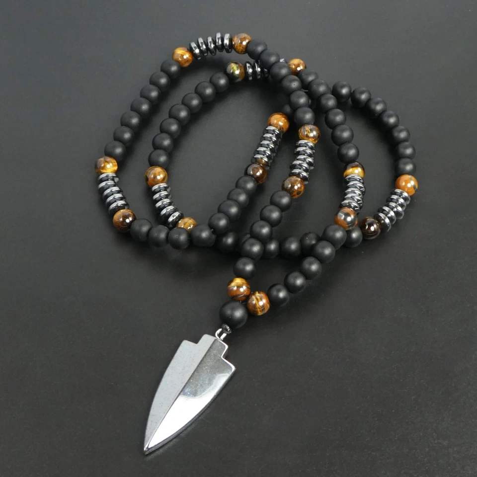 Colgante Punta de Flecha Hematita Ónix Negro Mate Ojo de Tigre 29" Largo Collar Hombre Regalo Foto 2 de 4