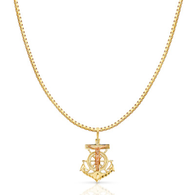 14K 2 Ton Gold Religiös Kruzifix Anker Anhänger & 1,2mm Box Kette Halskette