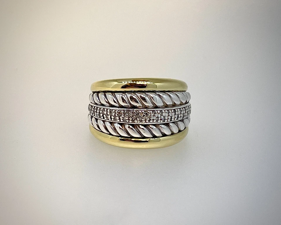 David Yurman Two Tone 18KY and Sterling Silver Multi-Layered Diamond Rope Ring