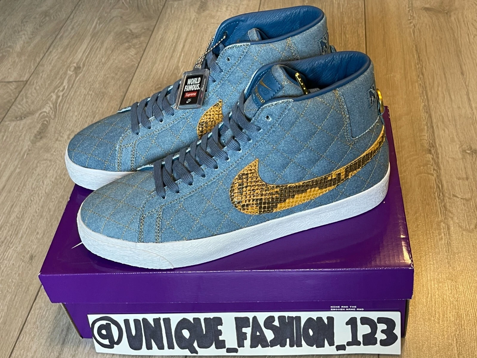 Nike SB Blazer x Supreme NYC Zoom Mid QS 2 UK 9,5 US 10,5 44,5 denim peau de serpent