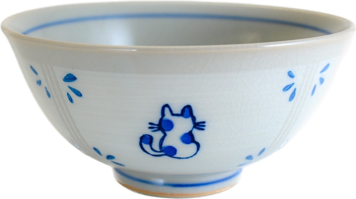 Japanese Handmade Rice Bowl Chawan White Cat Blue Crackle Glaze