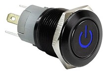 5/8" Black Stainless Steel Power Latching Push Button Switch w Blue LED 16mm 12V