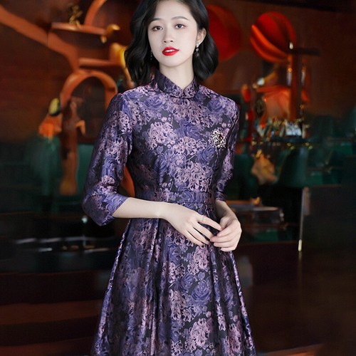 Chinese Style Women's Spring Retro Qipao Long Slim Fit Printed Prom Party Dress - Picture 4 of 24