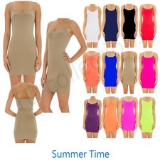 Camisole Long Tank TOP Plain Spaghetti Adjustable Strap SLIP Mini DRESS Summer