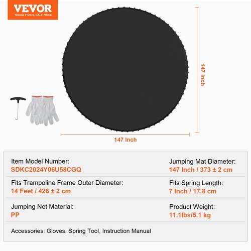 VEVOR Replacement Trampoline Mat Fits 14ft Frame 96 V-Rings 7" Spring Length - Picture 7 of 12