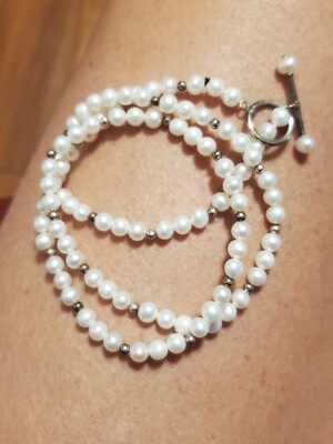 Vintage Cultured Freshwater Pearl & Sterling Silver Bead Necklace W/Toggle Clasp