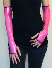 Metallic Fingerless Gloves Neon Pink Arm Warmers Elbow Length Sleeves Cosplay