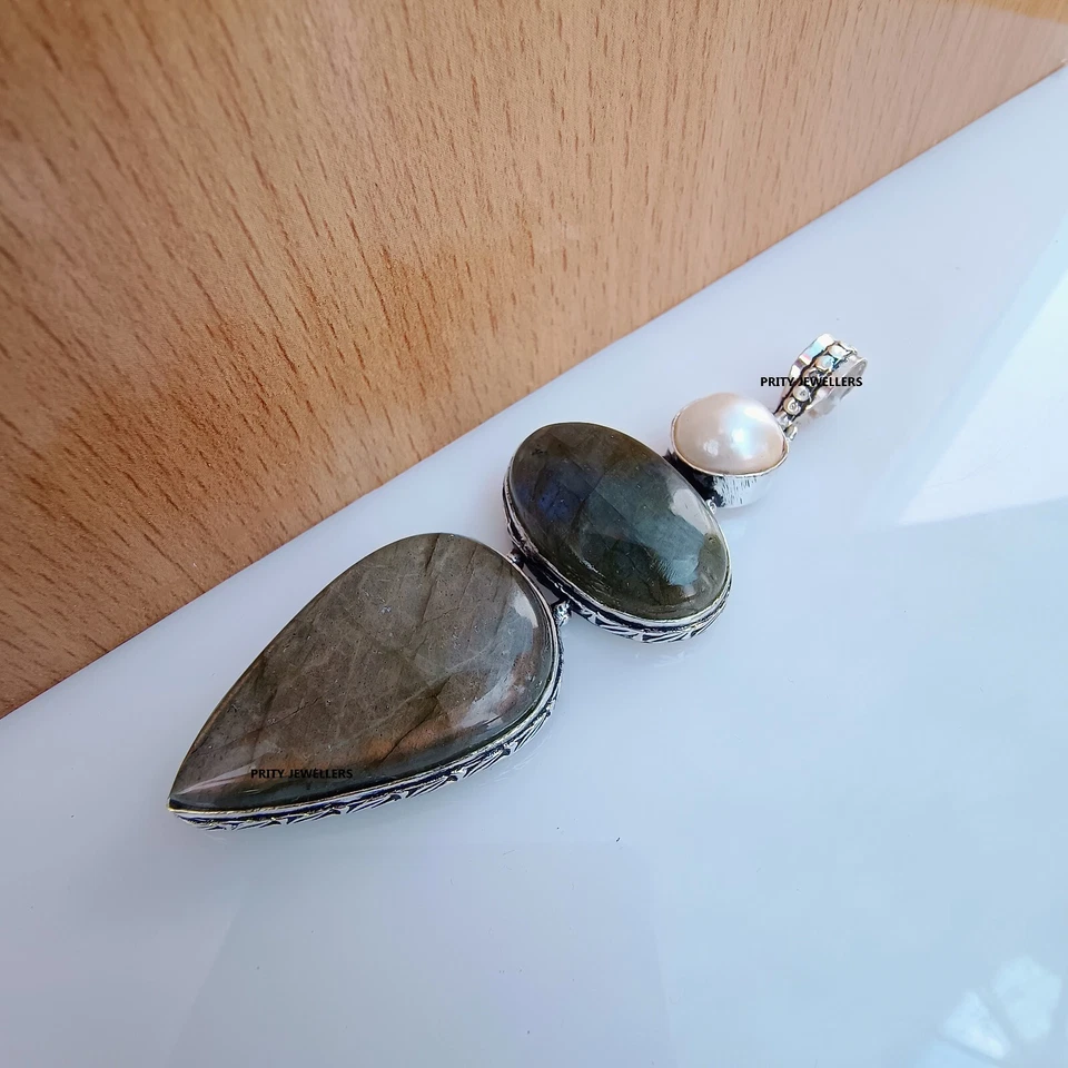 Labradorita con colgante enchapado en plata de perlas, collar grande antiguo hecho a mano Foto 2 de 4