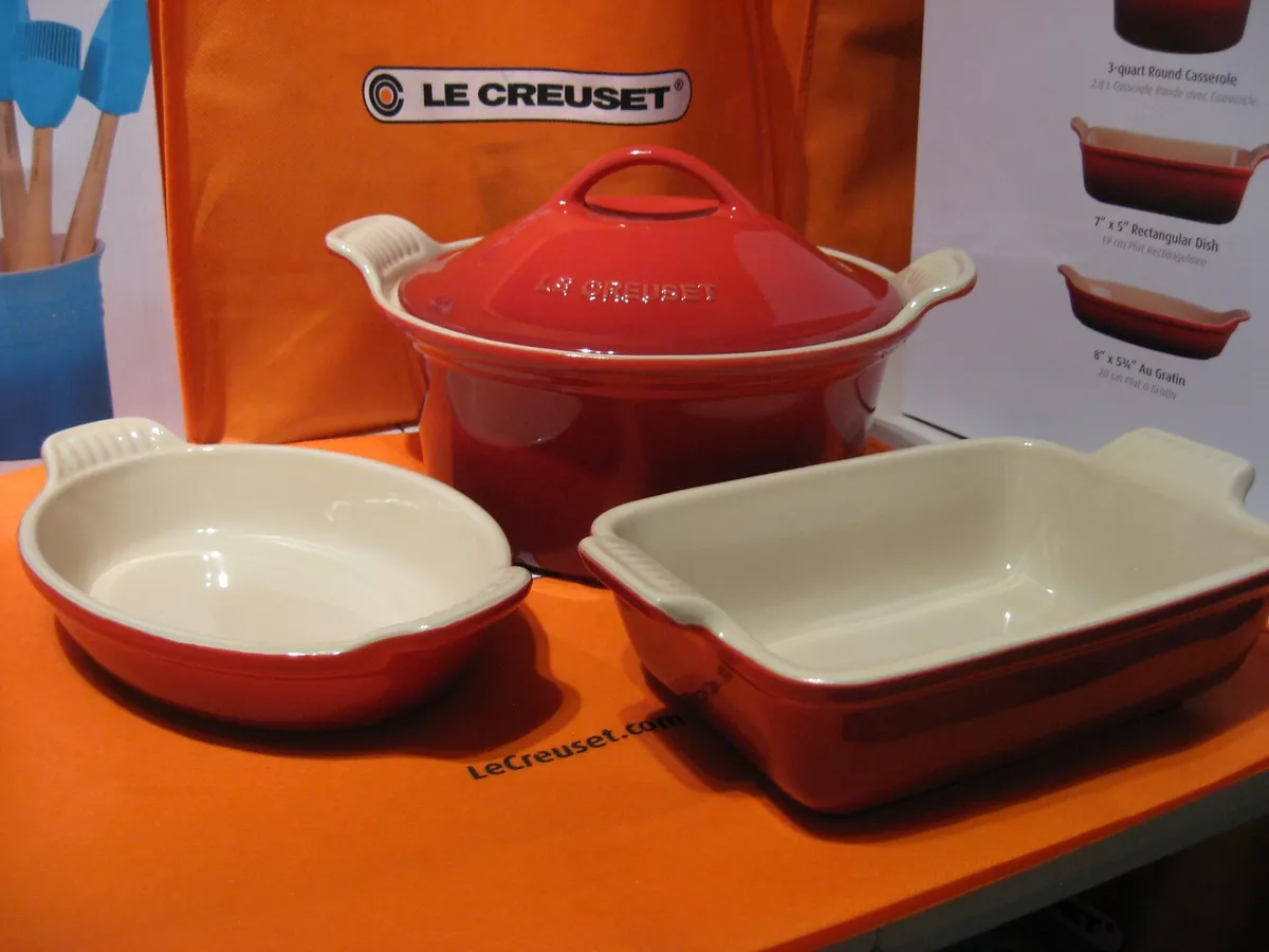 3 Pc Le Creuset Cerise Red Bakeware Set Casserole Rectangular & Au