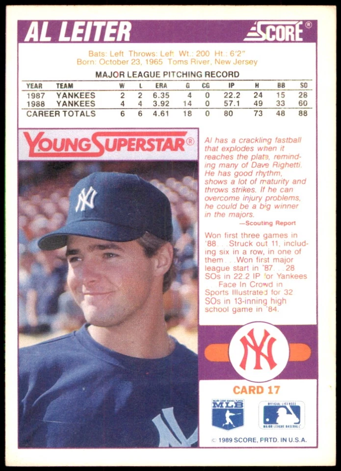 Al Leiter 1989 Score #17 New York Yankees MLB READ FREE SHIPPING AutographDen - Image 2 of 2
