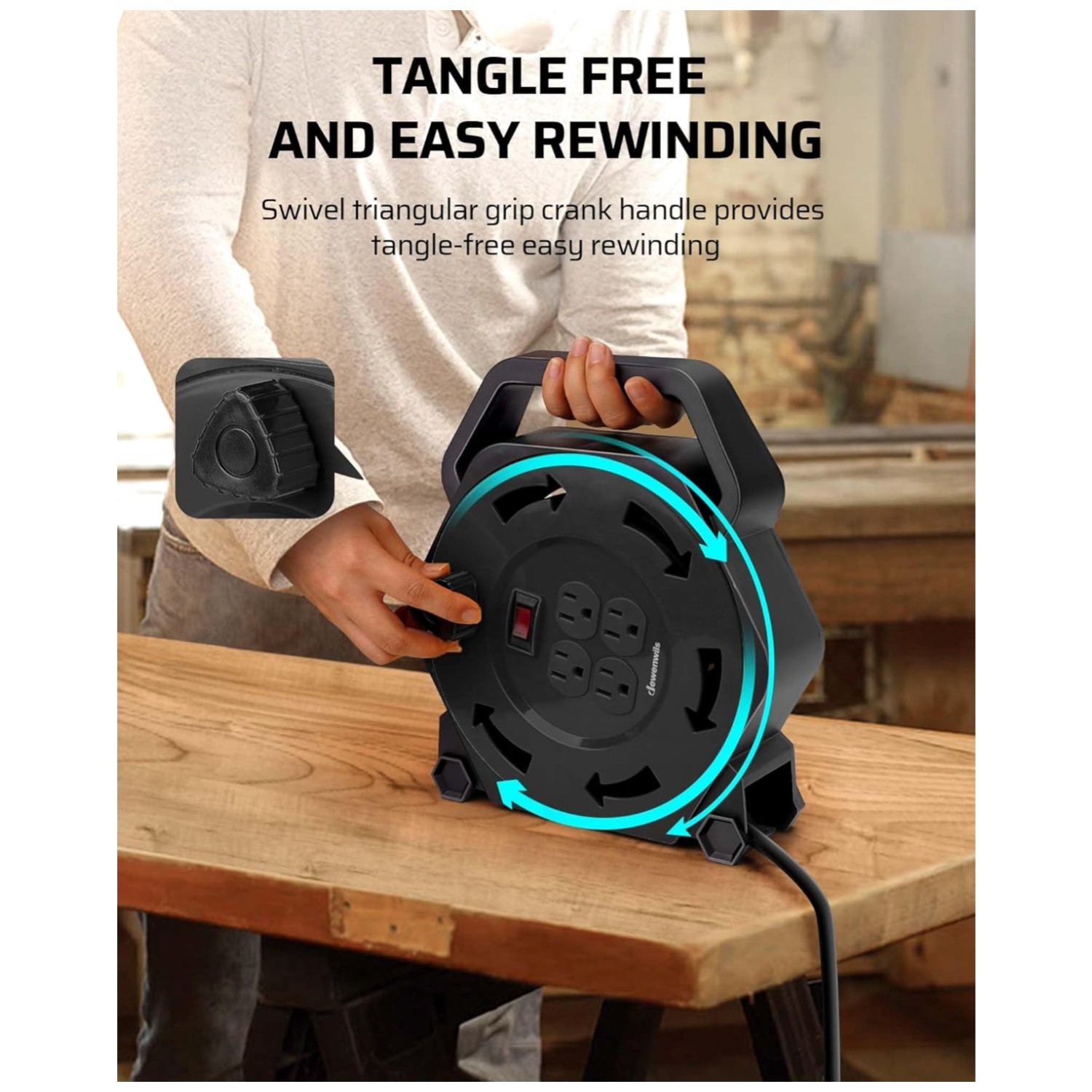 Compact Electric Cord Reel, 25 FT, 4 Grounded Outlets