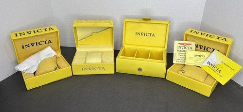 4 Scatole Orologio Invicta con Cuscino Documenti Giallo Conservazione Presentazione Espositore - Foto 4 di 14