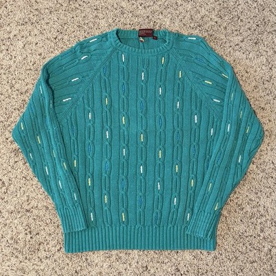 Vtg 90s Chaps Ralph Lauren Cable Knit Sweater Mens Sz L Teal Ramie 